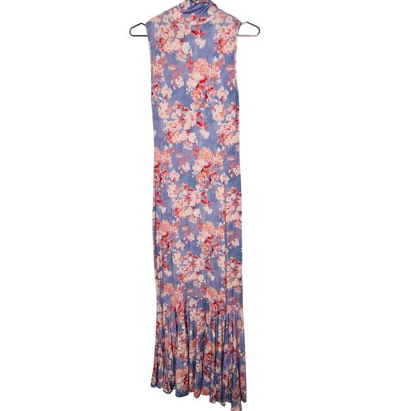 CAROLINE CONSTAS Blue Floral Mock Neck Sleeveless Trumpet Brigitta Gown Size M - Picture 6 of 15